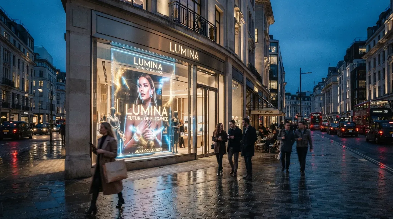 Schaufenster eines Ladengeschäfts am Abend mit transparenter LED-Anzeige, durch die der Verkaufsraum sichtbar bleibt